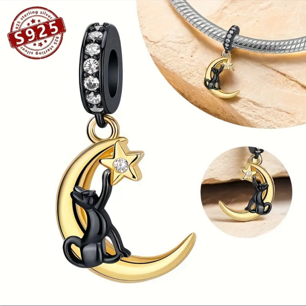 925 CAT ON MOON REACHING FOR STAR BRACELET CHARM FOR PANDORA & MOST OTHERS-NEW
